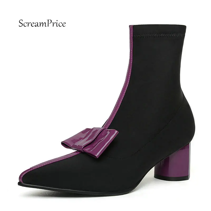 

Women Stretch Cloth Comfort Low Heel Slip On Ankle Boots Fashion Bow Knot Pointed Toe Mixed Colors Fall Winter Booties Yellow