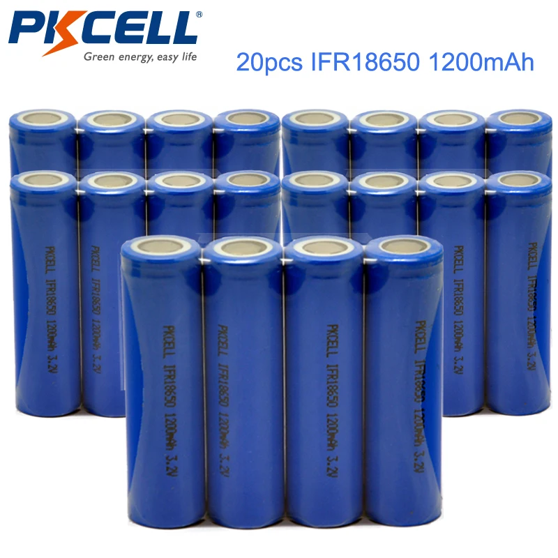

20PCS PKCELL LiFePO4 18650 Battery 1200mAh 3.2V lifepo4 IFR 18650 li-ion Rechargeable Battery Cell Batteries Baterias