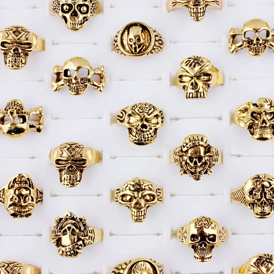 

QianBei High Quality Personality Ring Men Skull Ring Silver Gold Color Male Finger Ring Party Fashion Jewelry Bulk 10pcs/set