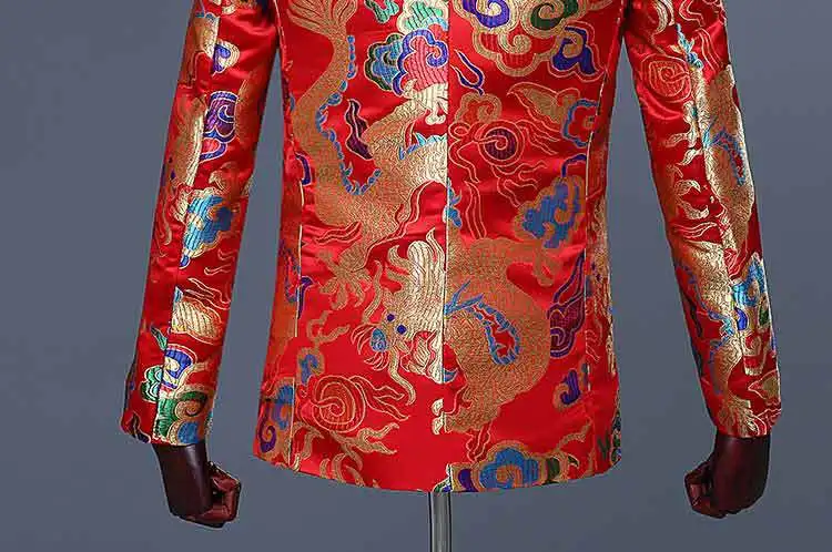 Модная мужская одежда, китайский костюм, сценический Мужской Блейзер, полиэстер, на пуговицах, красный, повседневный пиджак, китайский стиль