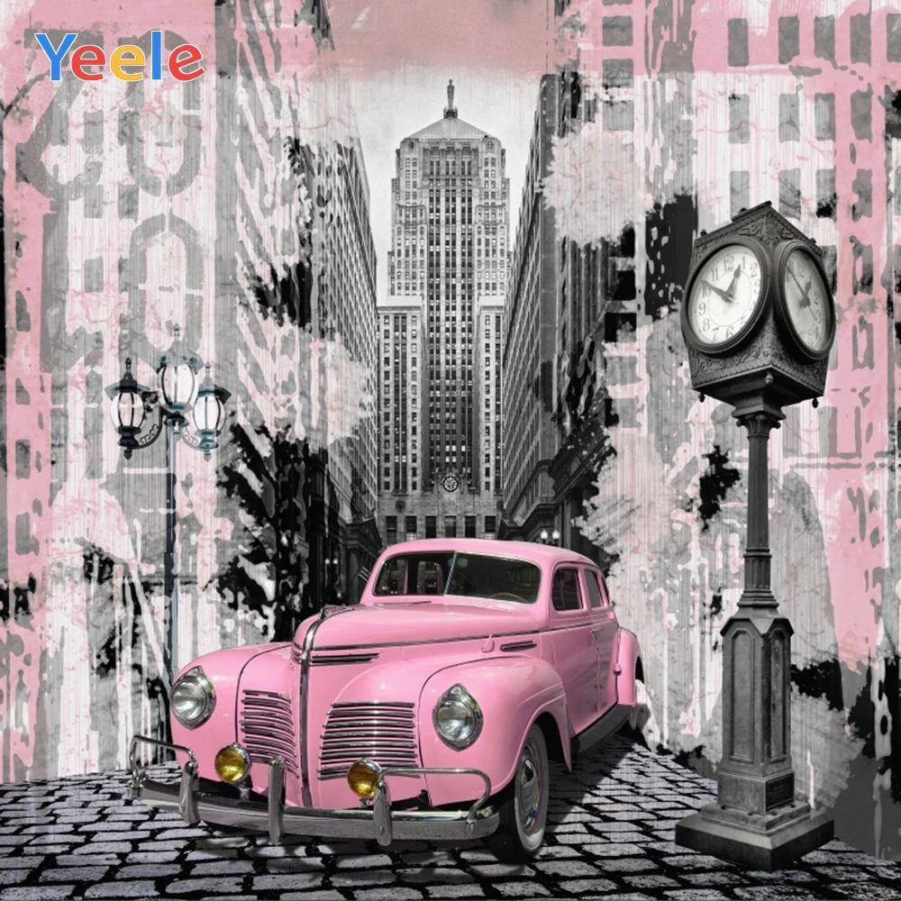 

Yeele Pink Car Clock Modern Buliding Stone Road Trip Photography Backgrounds Customized Photographic Backdrops for Photo Studio