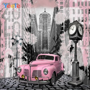 

Yeele Pink Car Clock Modern Buliding Stone Road Trip Photography Backgrounds Customized Photographic Backdrops for Photo Studio