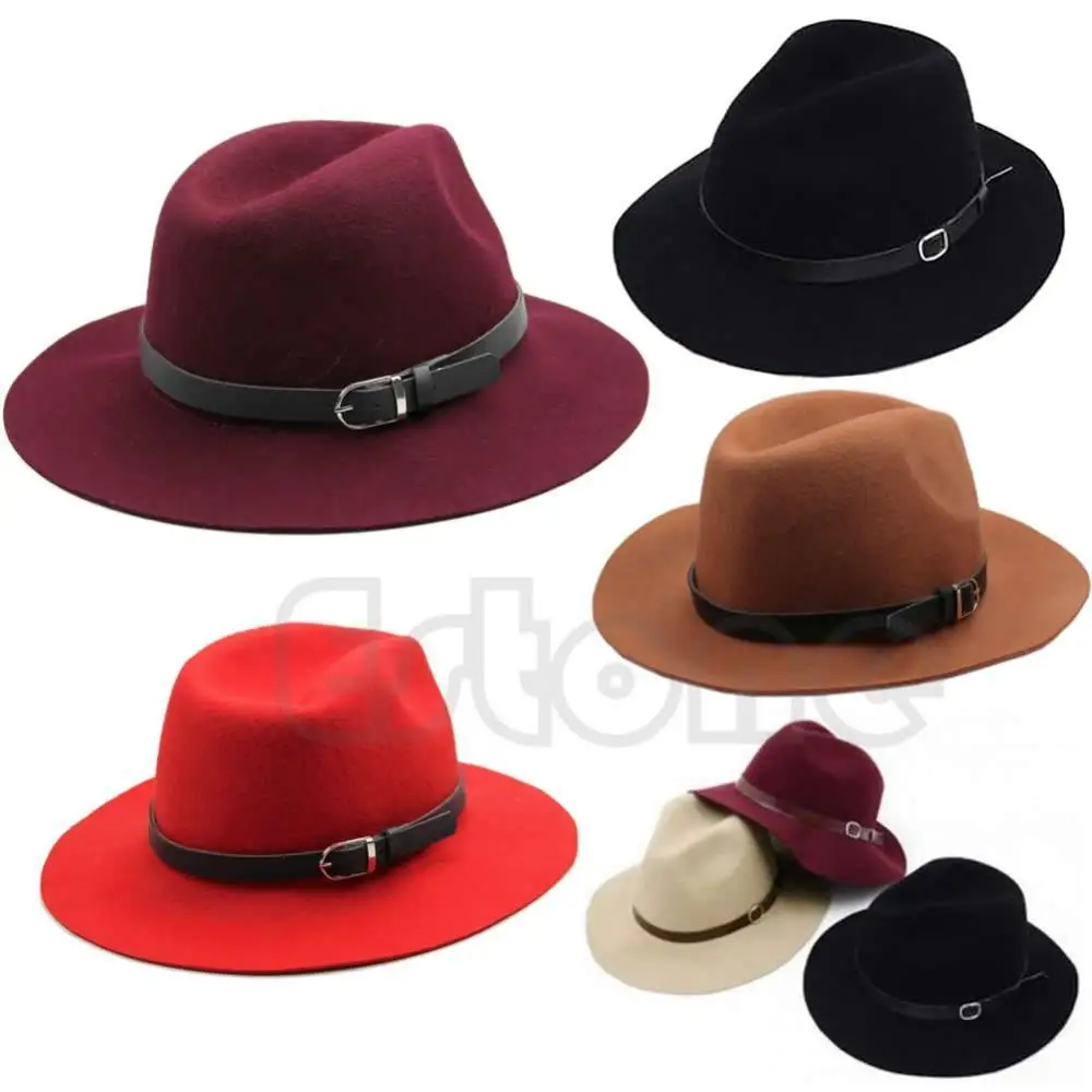 Новинка, модный дизайн, Женская Теплая Зимняя шерстяная шляпа с поясом, шляпа с широкими полями, ковбойская шляпа