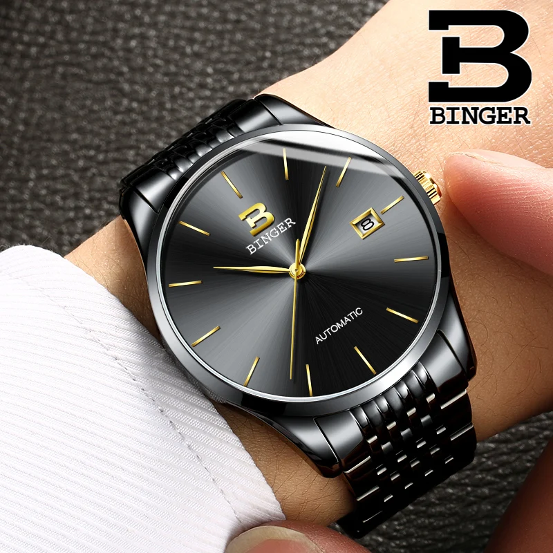 

2019 New BINGER Men Automatic Self Wind Mechanical Stainless Steel Strap Simple Business Blue Rose Gold Yellow Gold Date Watch