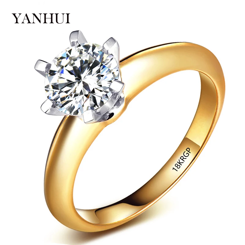 

YANHUI 18KRGP Stamp Original Yellow Gold Ring Luxury 2ct CZ Zircon Solitaire Ring Band Engagement Wedding Rings For Women HJ169