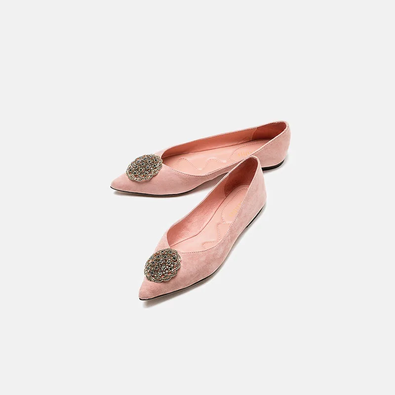 

MELODIE 2019 Soft Kid Suede Genuine Leather Crystal Flat Shoes Women Pointed Toe Shallow Ladies Shoes Brand Shoes Women MCJ001