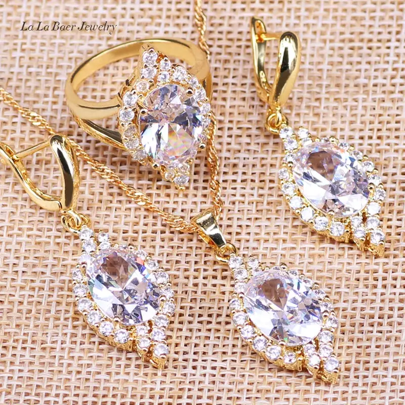 

L&B Fashion Statement Pendant Necklace Earrings Rings Jewelry Sets Top AAA White Crystal Zirconia Wedding Jewelry Set
