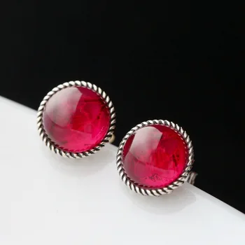 

2020 925 sterling silver round small stud earrings handmade silver restoring ancient ways with red corundum tremella nail