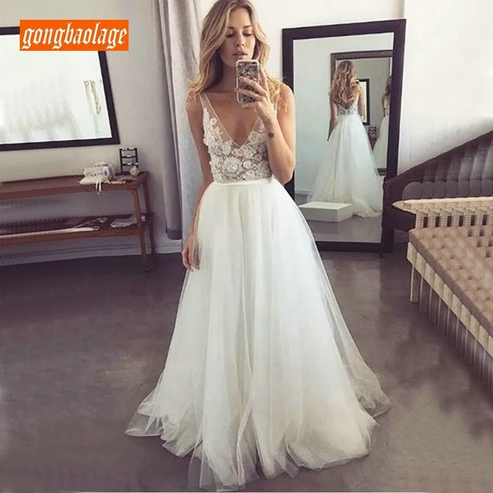 

Elegant 2019 V Neck White Wedding Dress Custom Made Lace Tulle Beach Slim Fit Ivory Wedding Gowns Illusion Bridal Dresses Long
