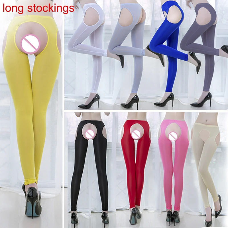 

Shiny Beauty Leg Sexy Knee-Length Leggings Women Ice Silk Shiny Open Crotch Long Sheer Pants See Through Elastic Leggings