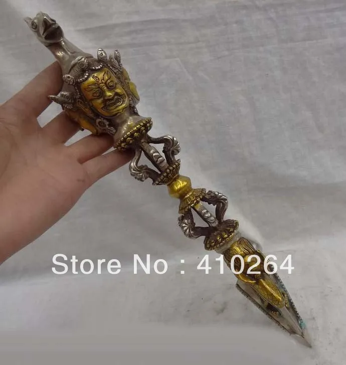 

15" Tibet Silver Gilt Mahakala Buddha Head Statue Protect Bronze Vajra Talismans