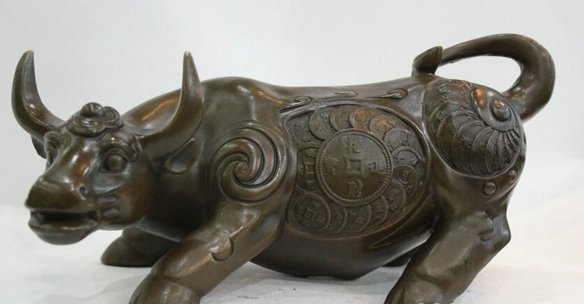

Collectible bronze S2149 13" China Chinese Asian Feng Shui Pure Bronze Fu Money Rich Bull Oxen Statue (B0413)