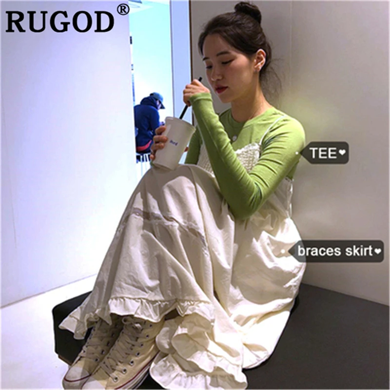 

RUGOD Vintage long lace patchwork spaghetti strap dress women 2019