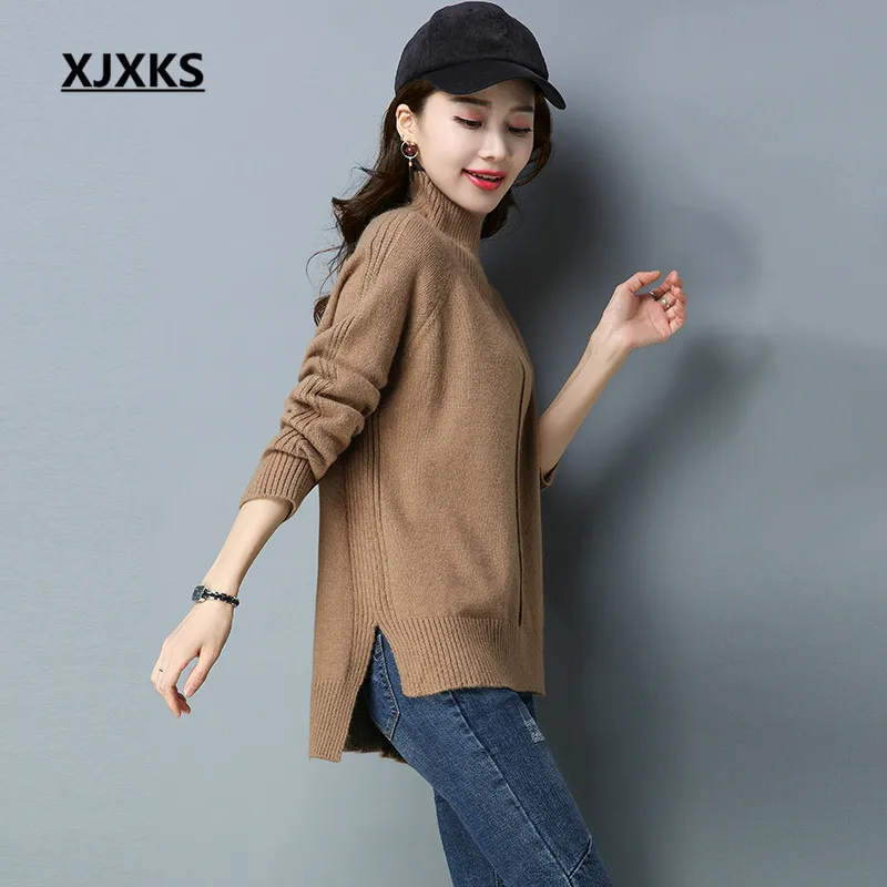 

XJXKS Turtleneck Sweaters Split Hem Unique Design Comfortable Wool Knitting Solid Color Women Pullover Jumpers