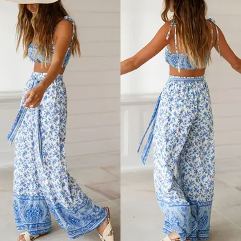 

Flower Floral Print Women Clothes 2 Pieces Set Sleeveless Crop Tank Top High Waist Wide Leg Full Pants Trousers Summer Two Piece