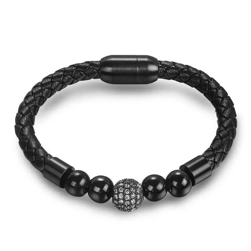 Jiayiqi классический черный плетеный кожаный браслет для мужчин череп AAA кубический циркон нержавеющая сталь бусины браслет мужской Гламурные ювелирные изделия подарок - Окраска металла: Black 2