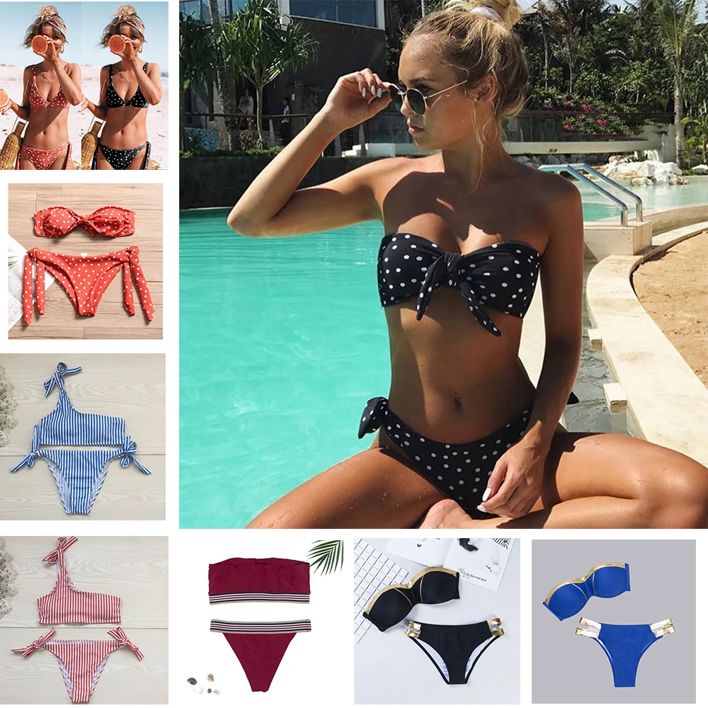 

Striped Bow Dot Print Women Bikini Set Swimsuit Women Sexy Off Shoulder Swimwear Bandeau Biquini Maillot De Bain Femme 2019