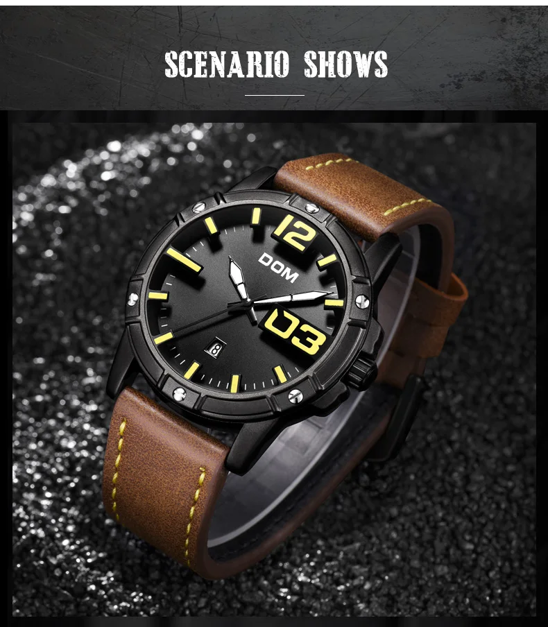 DOM часы мужские Роскошные Спортивные кварцевые наручные часы мужские s часы кожа Бизнес водонепроницаемые часы Relogio Masculino M-1218BL-1M5