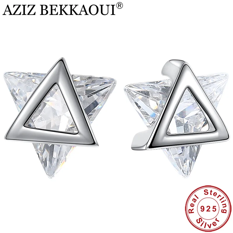 AZIZ BEKKAOUI 925 пробы серебряные уникальные треугольные Кристальные серьги-гвоздики для женщин Настоящее серебро хорошее ювелирное изделие