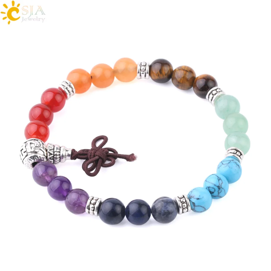 

CSJA 7 Chakra Bracelets 8mm Mixed Colors Beaded Yoga Bracelet Handmade Chinese Knot Charms Bangles for Women Reiki Jewelry F697