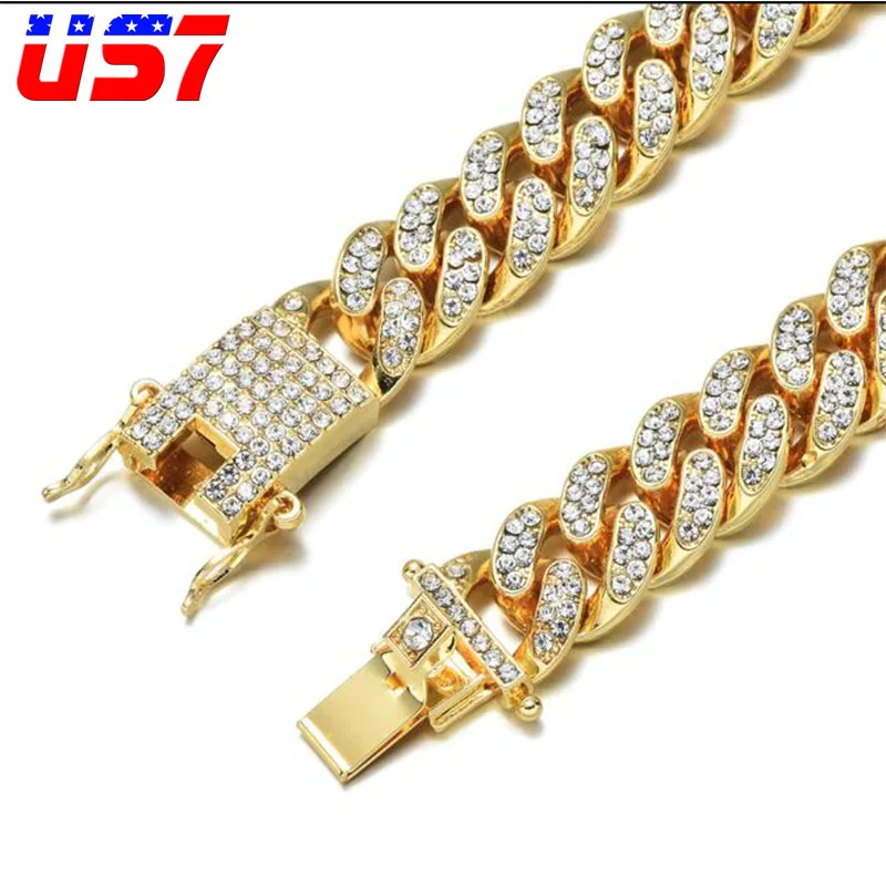 US7, Bling Iced Out, кубинская цепочка, полностью проложенный кристалл, мужской браслет, золотой, серебряный цвет, браслеты для мужчин, ювелирные изделия