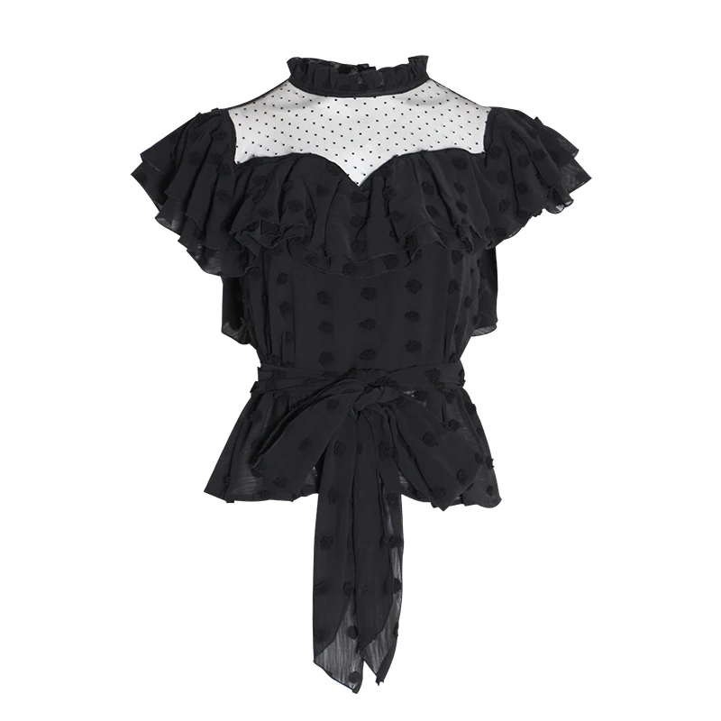TWOTWINSTYLE, шифоновая блузка в горошек, укороченные топы для женщин, воротник с оборками, пэчворк, Кружевная повязка, женские блузки,, летняя мода - Цвет: black