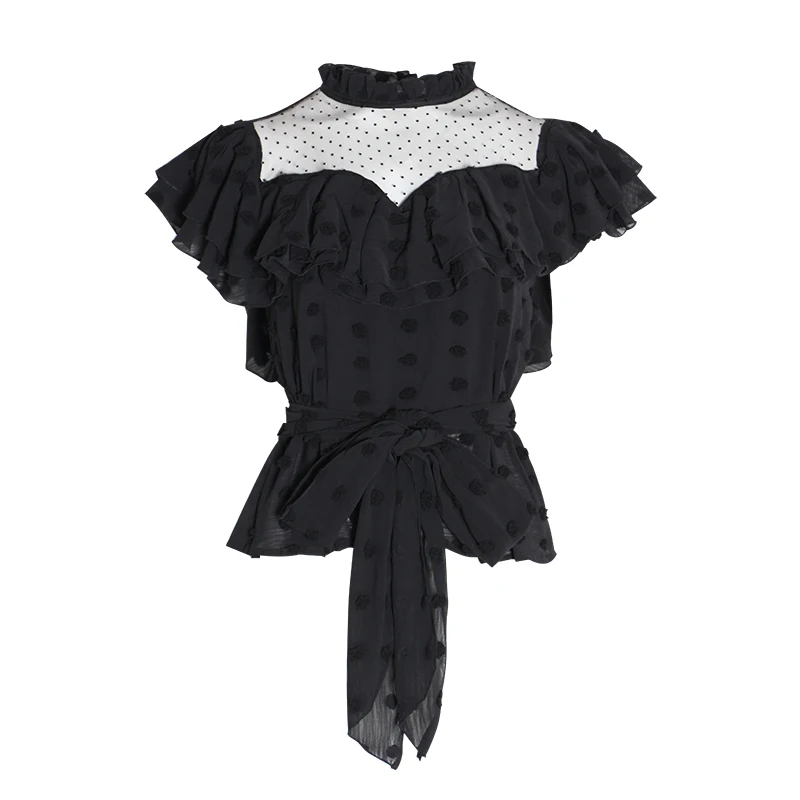 TWOTWINSTYLE Polka Dot Chiffon Blouse Crop Tops Female Ruffled Collar Patchwork Lace Bandage Women's Blouses 2019 Summer Fashion TWOTWINSTYLE Polka Dot Chiffon Blouse Crop Tops Female Ruffled Collar Patchwork Lace Bandage Women's Blouses 2019 Summer Fashion