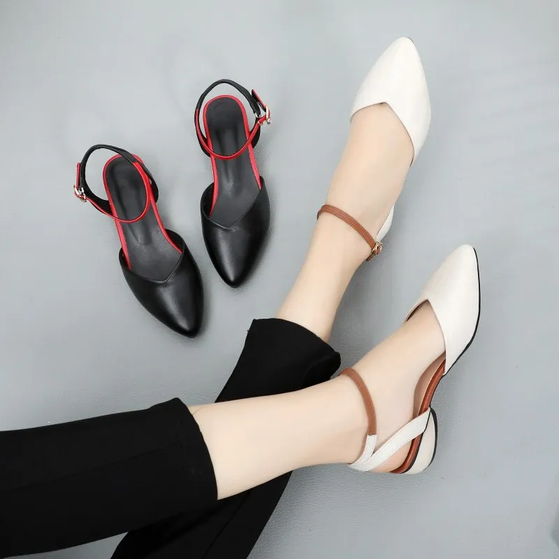 

Summer Flat Low Heel Point Toe Sandals Women's Shoes Ankle Strap Buckle Leisure Women's Genuine Leather Slip On Sandals