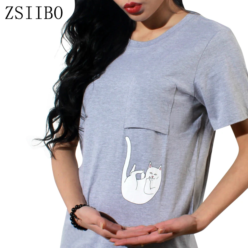 

Blouses and shirt Knitting Cat Print Casual Pocket shirt Falling For Nermal White Grey Black Plus Size For Women