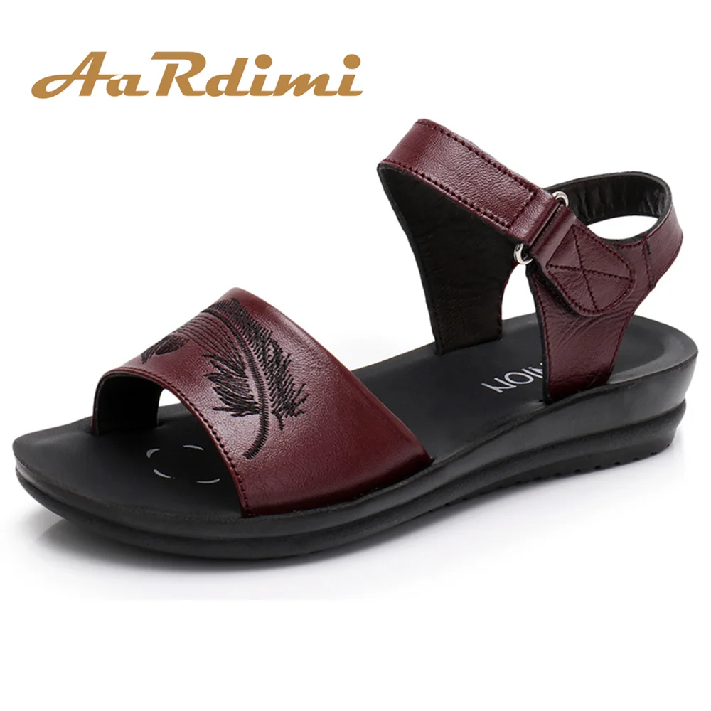 

AARDIMI Summer Women Sandals Genuine Leather Retro Solid Flat Sandals Casual Open Toe Sandals Women Sandals Leather Mother Shoes