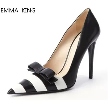 

2019 Sexy Ladies Pointed Toe Butterfly-knot High Heel Women's Shoes Slip on Shallow Striped Pumps Stiletto Heels Party Shoes