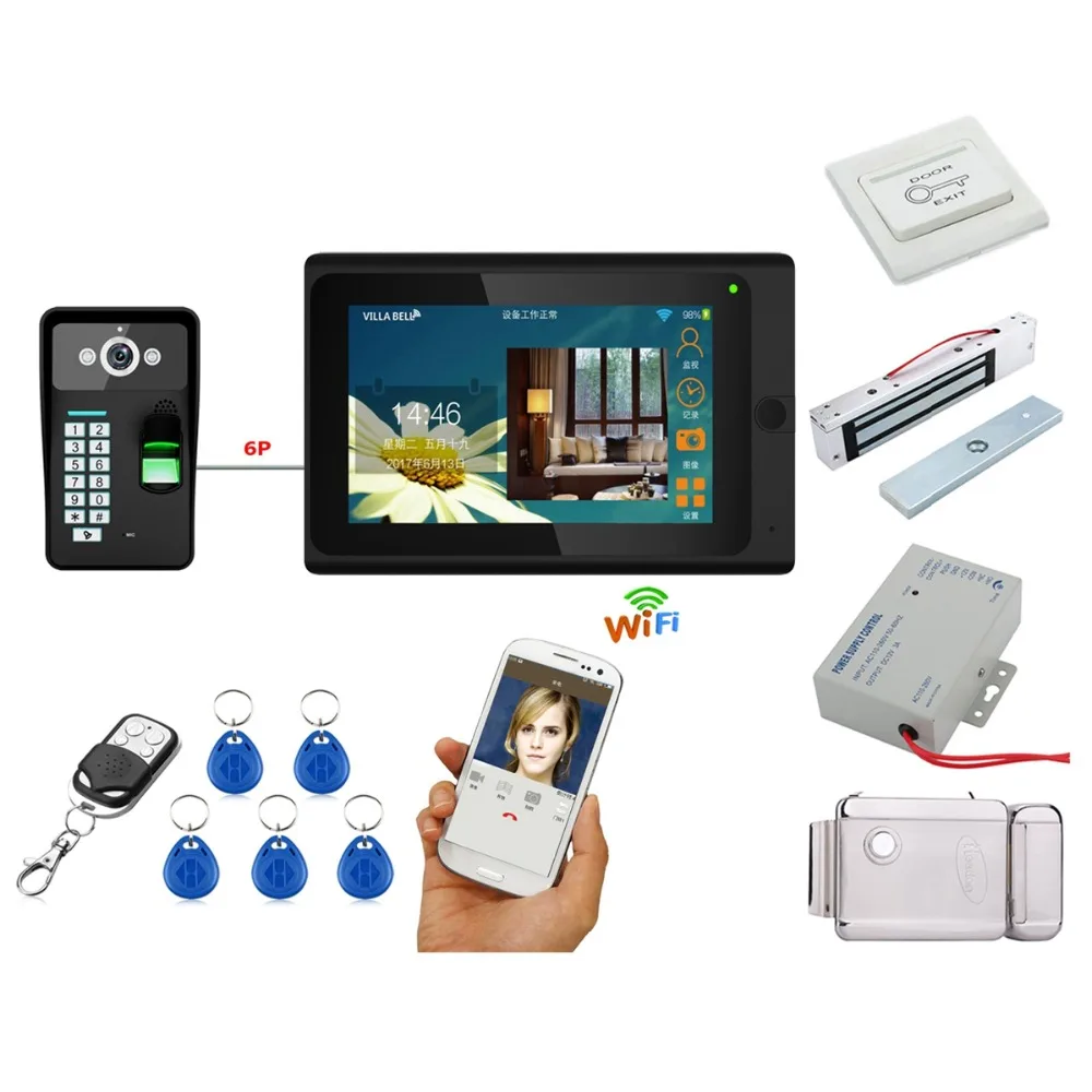 

Home set 7"Wired/Wireless Wifi Fingerprint RFID Video Door Phone Doorbell Intercom System Support Remote APP+Electric Lock
