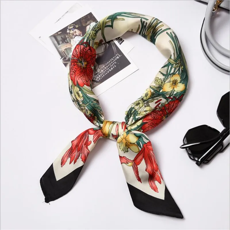 

New 70x70cm Women Multifunction Polyester Silk Scarf Bows Floral Printed Satin Small Square Wraps Scarves Shawl Shawls Headband