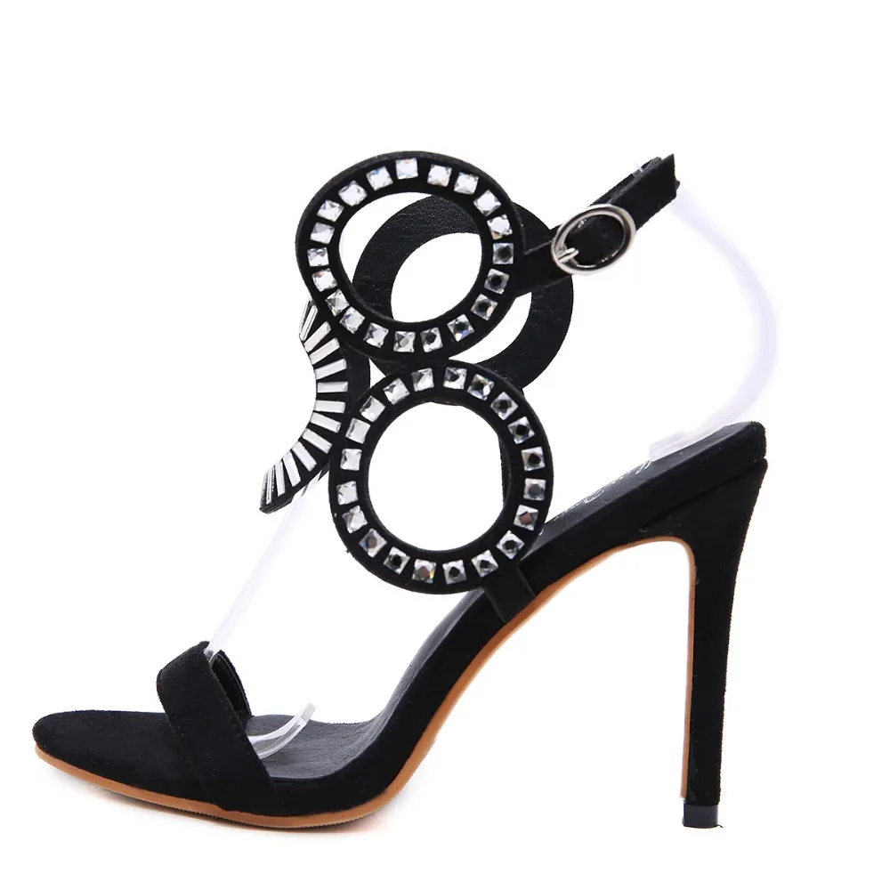 Женские босоножки; коллекция года; летние туфли на высоком каблуке; пикантные женские туфли-гладиаторы в римском стиле; модные туфли на тонком каблуке с тремя кристаллами