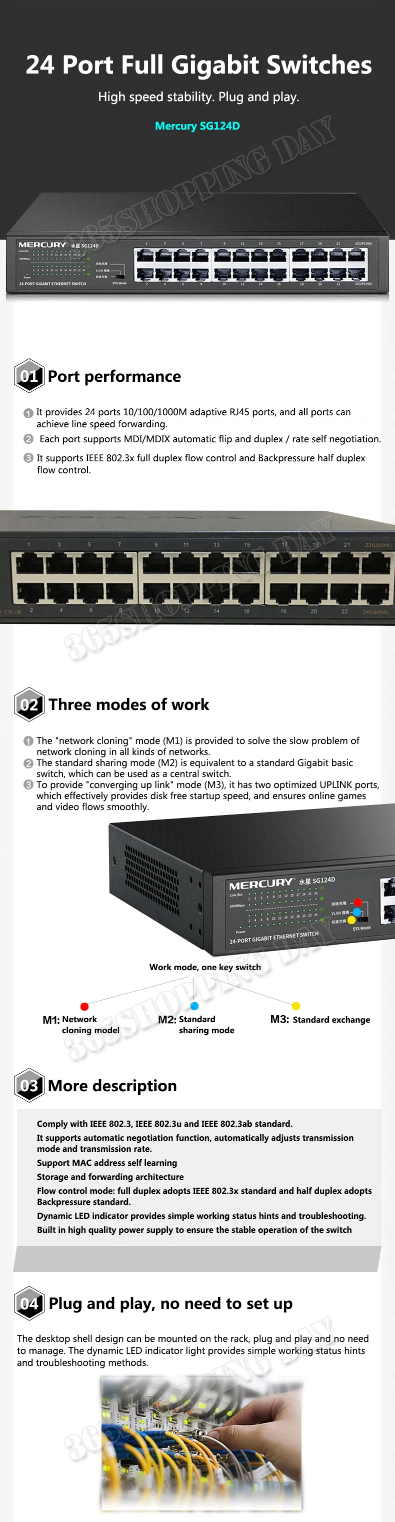 MERCURY SG124D 24 Port Steel Gigabit Switch 10//100//1000Mbps Switch Rack Switch