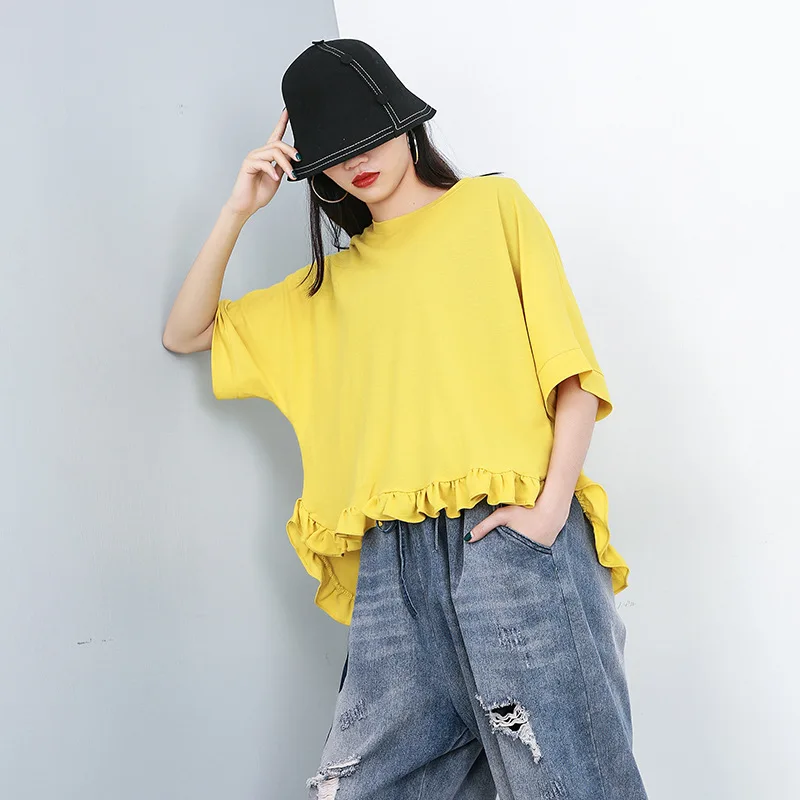 

Johnature Ruffles Pullover Solid Color New O-neck Half Sleeve T-shirts 2019 Casual Loose Fashion Women Tops Summer