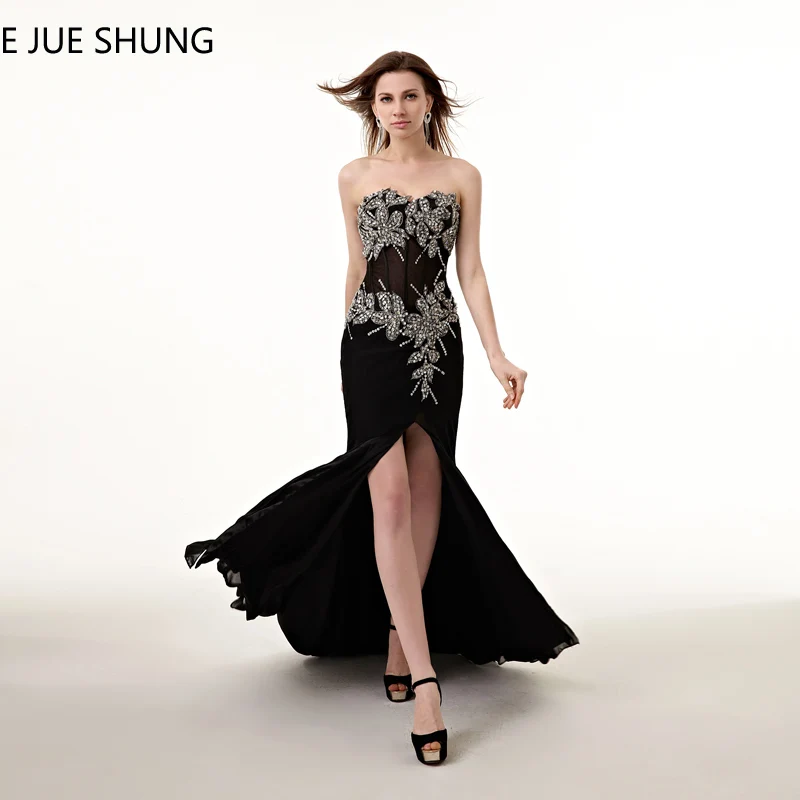 E JUE SHUNG Black Luxury Mermaid Evening Dresses Long 2018 High Side Slit Embroidery Beaded Prom Party Dresses Formal Dresses