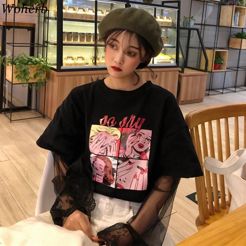 

Woherb 2019 Summer Long Sleeve T Shirt Women Print Graphic Tees Lace Gauze Sleeve Patchwork Harajuku Cartoon Tops Shirts 21312