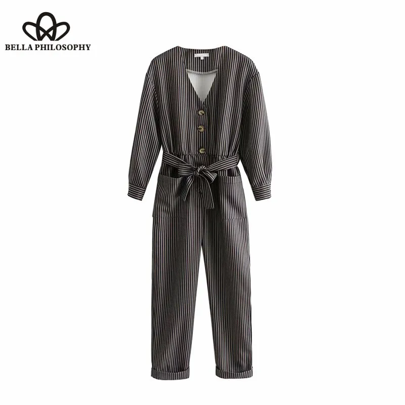 Wonder 2018 new autumn Chic Pockets Striped With Sashes Jumpsuits V Neck Long Sleeve Pleated Rompers Casual Body Femme JM19W