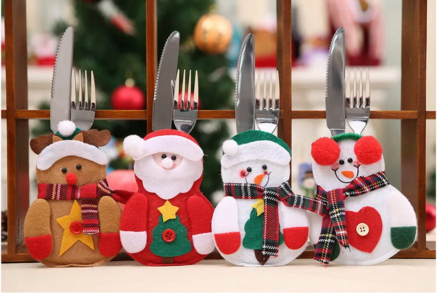 Sale DHL 1000pcs Christmas Bag Dinner Table Cutlery Holder Decoration for Home Snowman Santa Claus Knife Fork Holder 2
