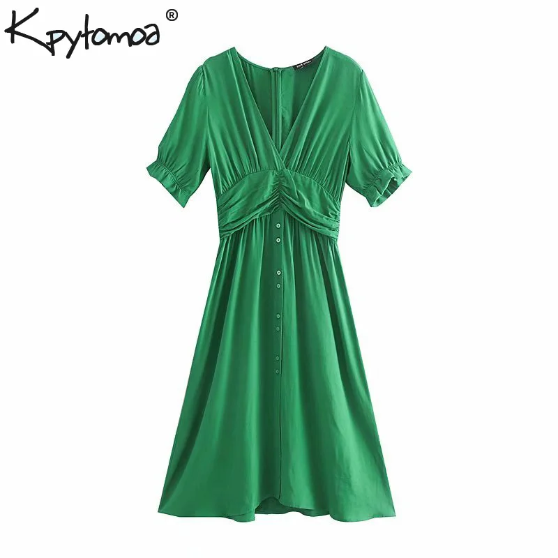 

Vintage Elegant Solid Pleated Midi Dress Women 2019 Fashion V Neck Short Sleeve Back Zipper Dresses Casual Vestidos Mujer