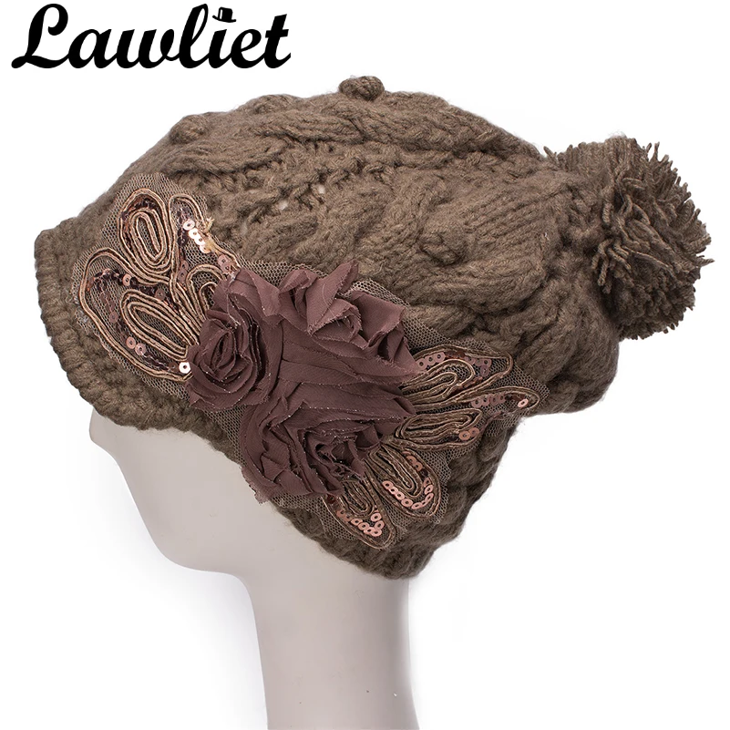 

Lawliet Beanies Winter Newsboy Style Women Girl Pom Pom Hat Elegant Paillette Flower Winter Knitted Cap A295