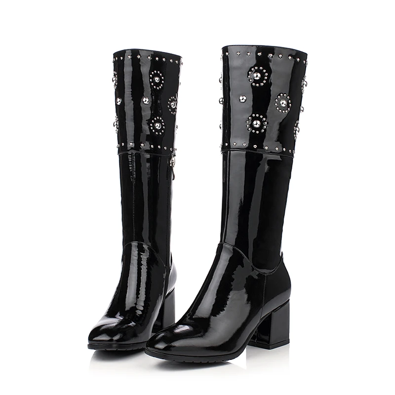 De 2018 Vaca Zip Nueva Hasta Mujer La Mujeres Cuadrados Negro Cuero Toe Rodilla Tacones Cristales Altos Llegada Zapatos rEgqE