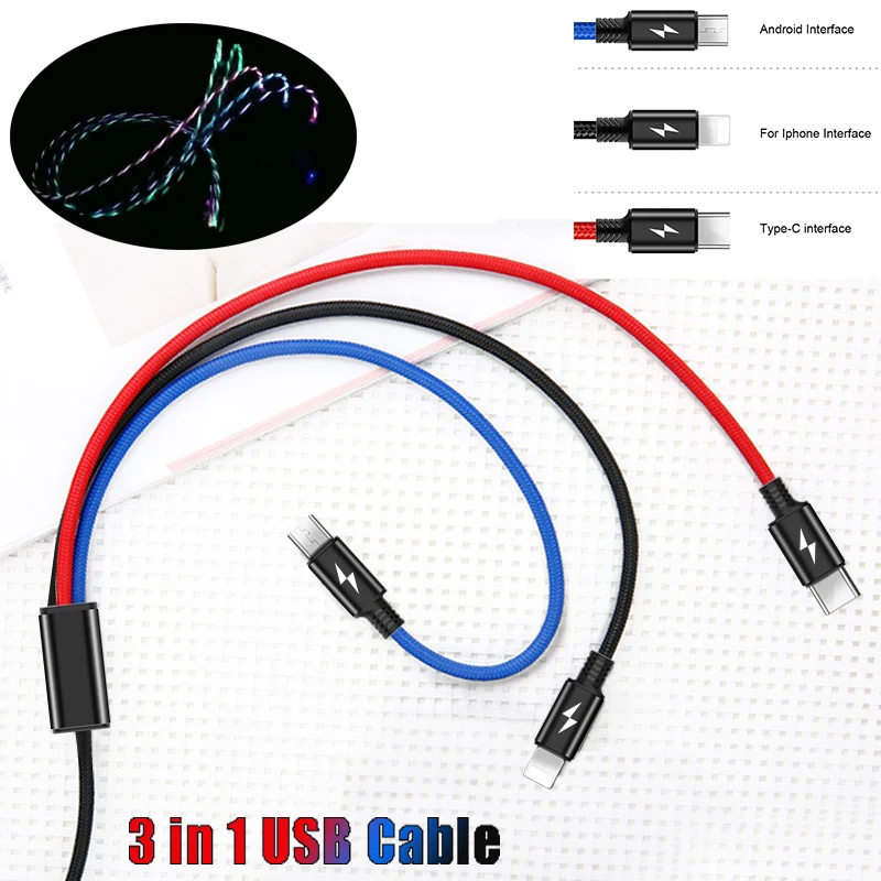 

USB Cable for iPhone Lightning 3 in 1 Charge Cable Type C for Samsung Xiaomi Huawei Charging Cables Micro Multiple Cable Adapter