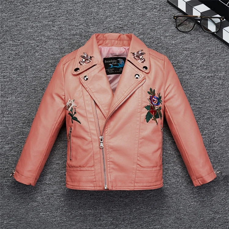 

Embroidered Flowers Fashion Girls Leather Jacket for Autumn Spring Kids Baby Girls Motor Coat Bomber Children's Clothes