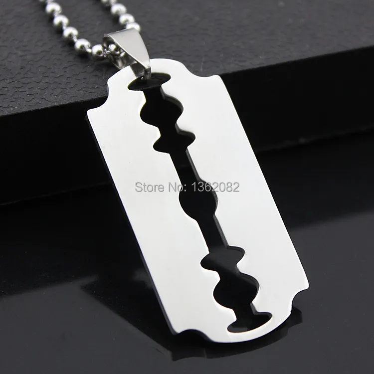 

Cool Boy Men's Silver Stainless Steel Razor Blade Charm Pendant with 24 inches Bead Chain Necklace Gift MN312