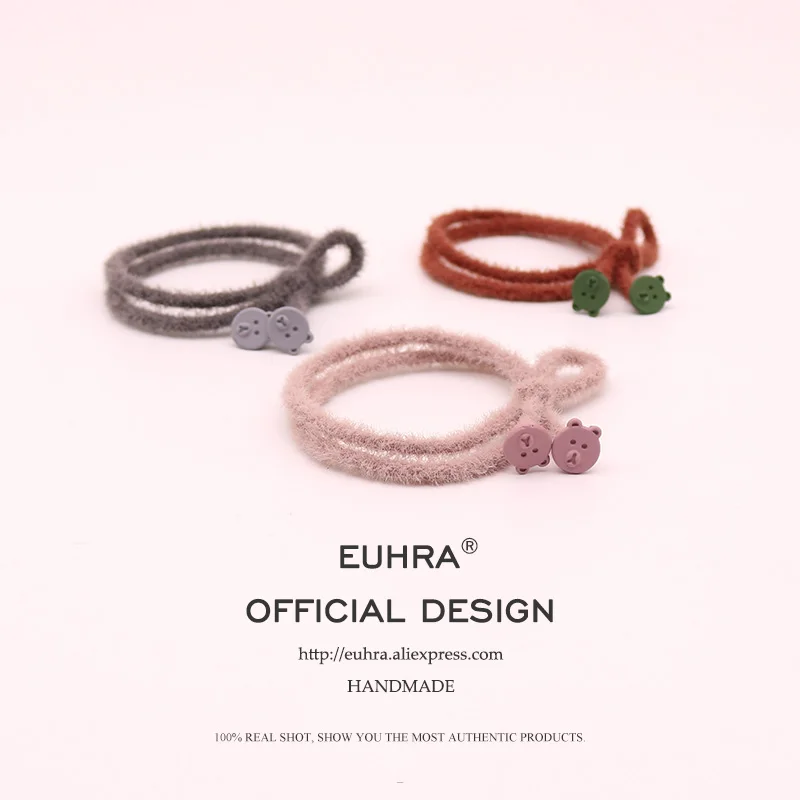 

EUHRA 6 Colors Plush Elastic Hair Bands Two Bear's Head High Elasticity For Women Girls Hair Band Kid Children Rubber Band