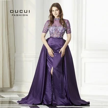 Фиолетовые сексуальные платья с коротким рукавом для выпускного вечера, настоящая фотография, пышное вечернее платье с высоким воротом, Длинное Элегантное платье OL103069