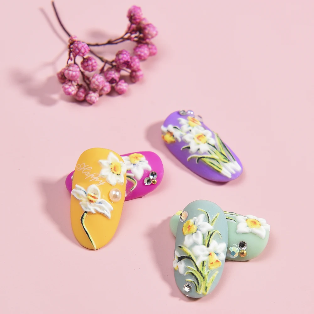 3D Acrylic Engraved flower Nail Sticker flower fruit Water Decals Empaistic Nail Water Slide Decals