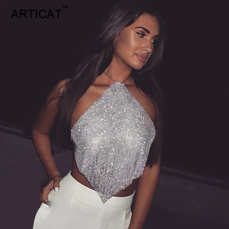 

Articat Glitter Halter Rhinestones Crop Top Women Camis Backless Party Cropped Sequin Top Summer Sexy Diamonds Women Tank Top